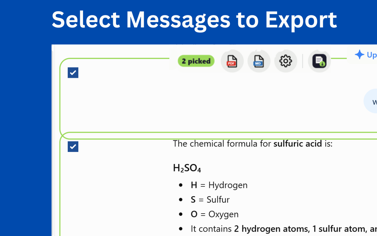 The ChatGPT to PDF Ultra Exporter toolbar with messages ticked, ready to save as PDF or Markdown