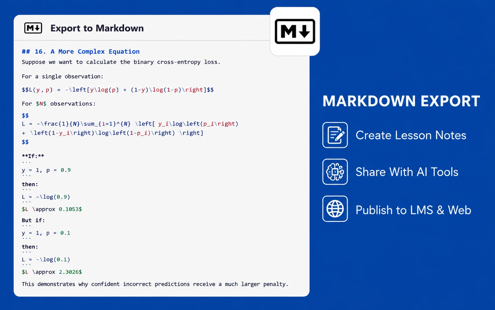 A ChatGPT conversation exported to Markdown, with headings, code fences and equations preserved