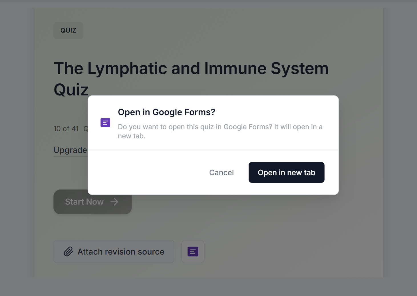 Export MyQuizGPT quiz to Google Forms: study page with Google Forms button and confirmation to open in a new tab.