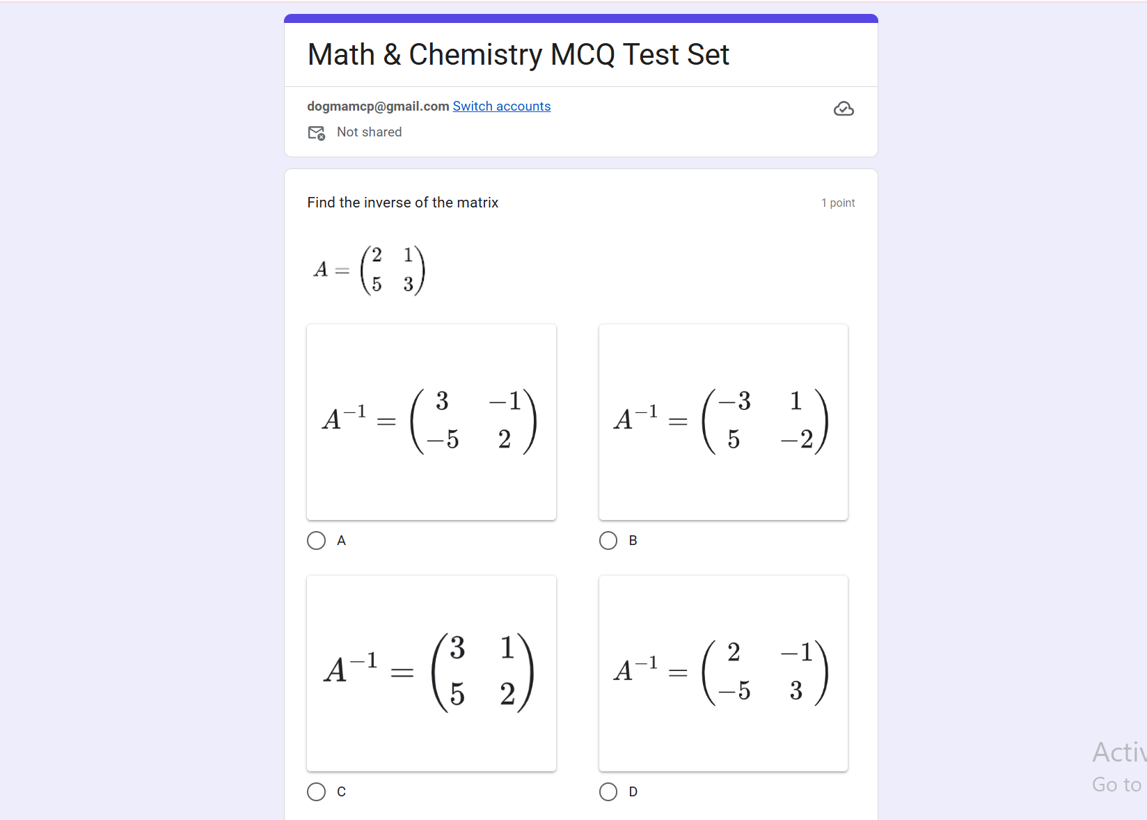 A Google Forms math quiz with a stacked fraction equation and answer options added by the extension