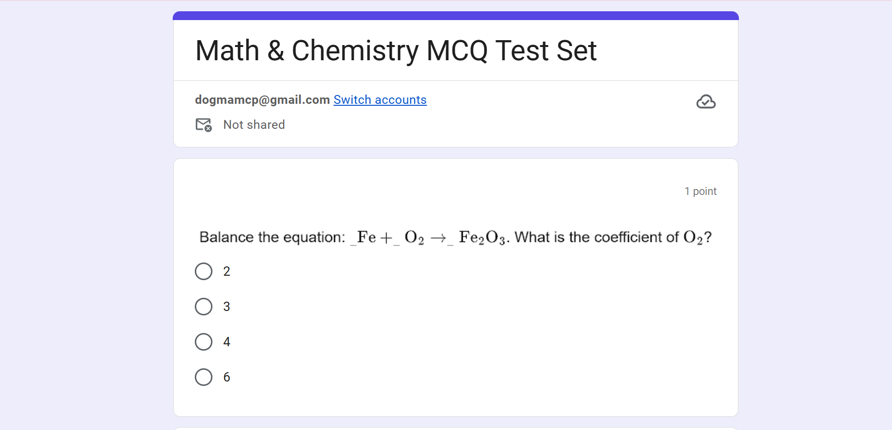 Chemical equations with subscripts and charges in a Google Forms quiz