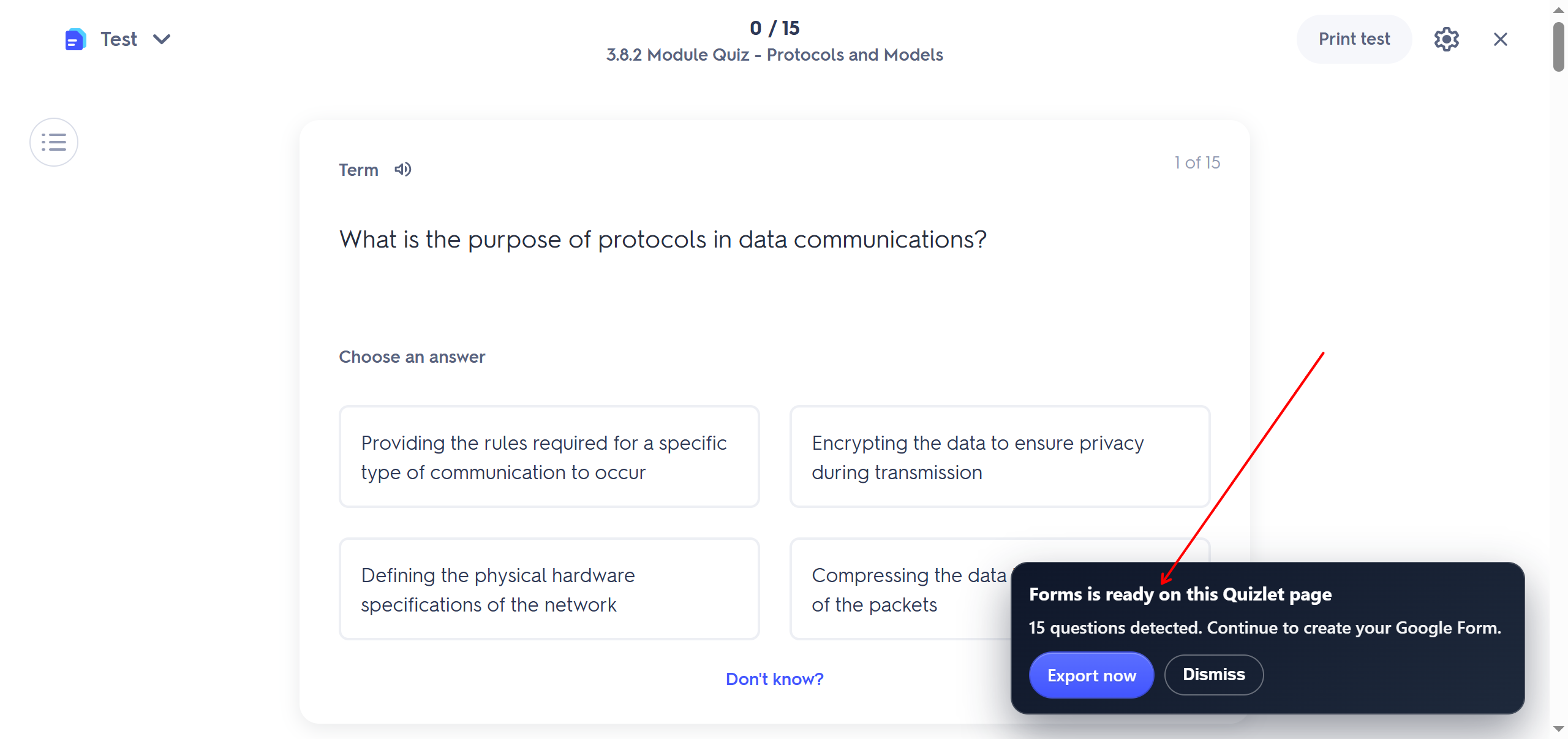 A Quizlet test page with the exporter detecting its 15 questions, ready to export